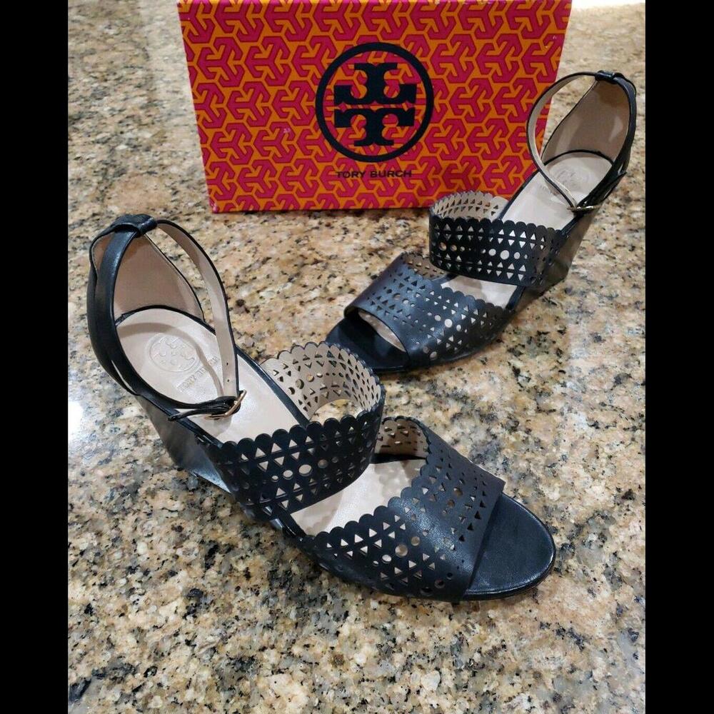 TORY BURCH Black Laser Cut Slingback Peep Toe Wedge Sandals Womens Shoes 10 $399